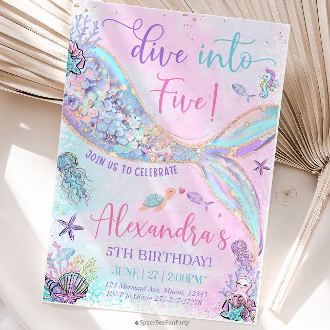 Convite Dive into Five Birthday Mermaid (mermaid birthday invitation, dive into five, mermaid party invite, 5th birthday mermaid, under the s)