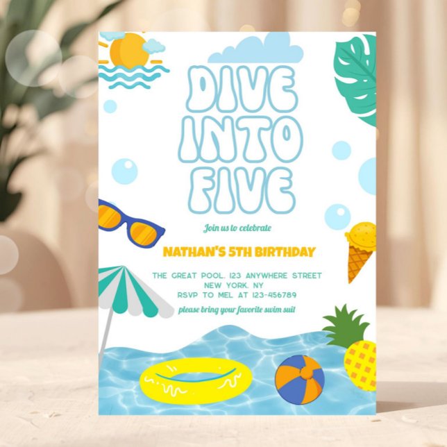Convite Dive Into Five Boy 5th Birthday Pool Summer Party (pool party invitation, dive into five invite, summer birthday invite, beach birthday invitation, kid)
