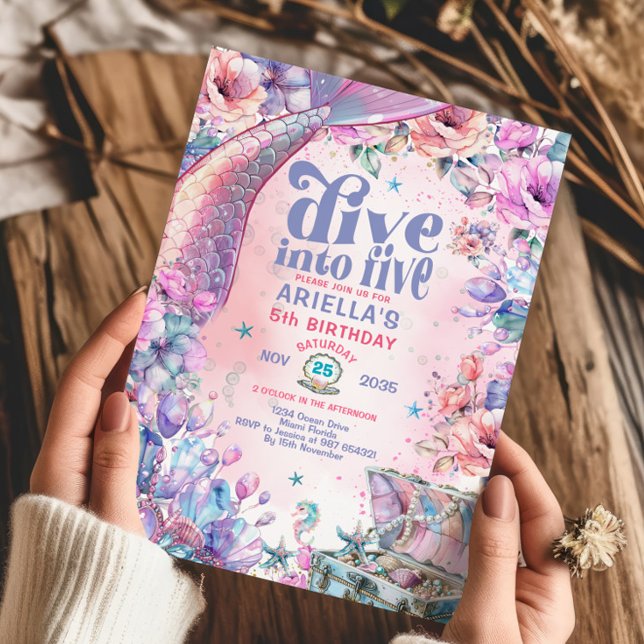 Convite Dive into Five Flower Glitter Mermaid Tail  (Criador carregado)