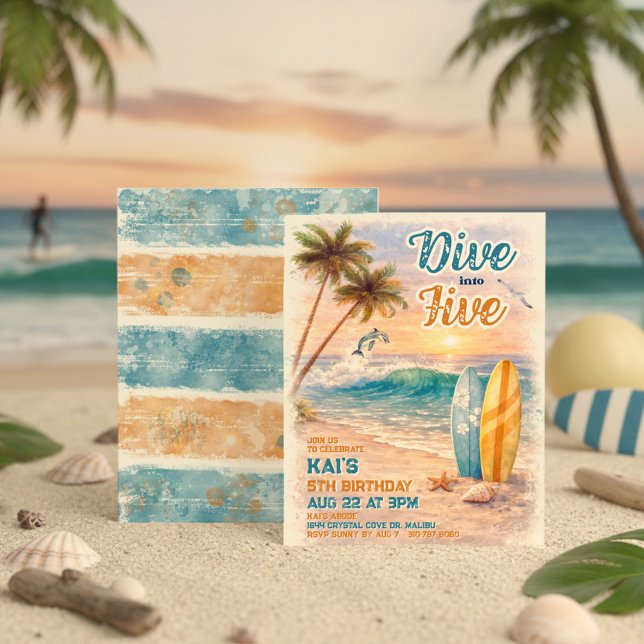 Convite Dive into Five Retro Surf Beach 5th Birthday  (Criador carregado)