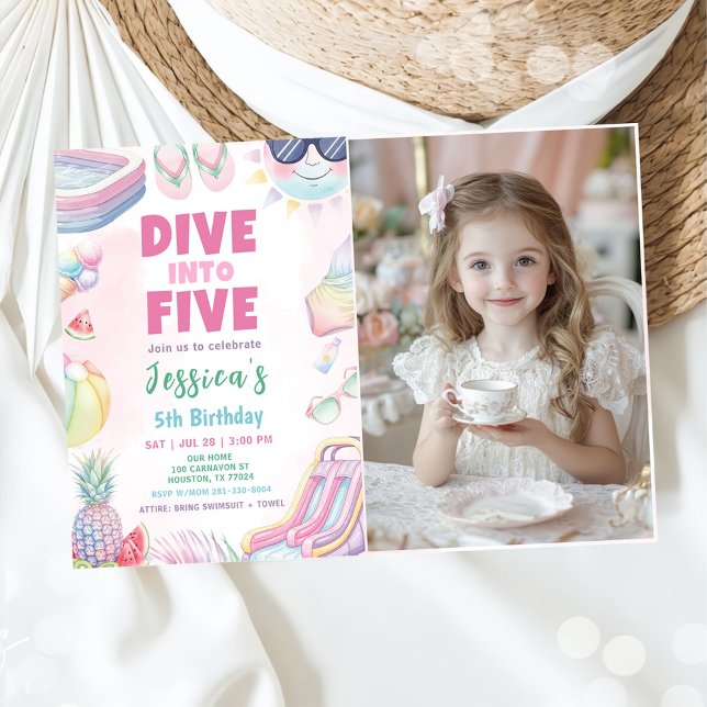 Convite Dive Into Five - Summer Girl 5th Birthday Photo (Criador carregado)