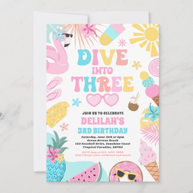 Convite Dive Into Three Tropical Beach 3rd Birthday Party (Frente)