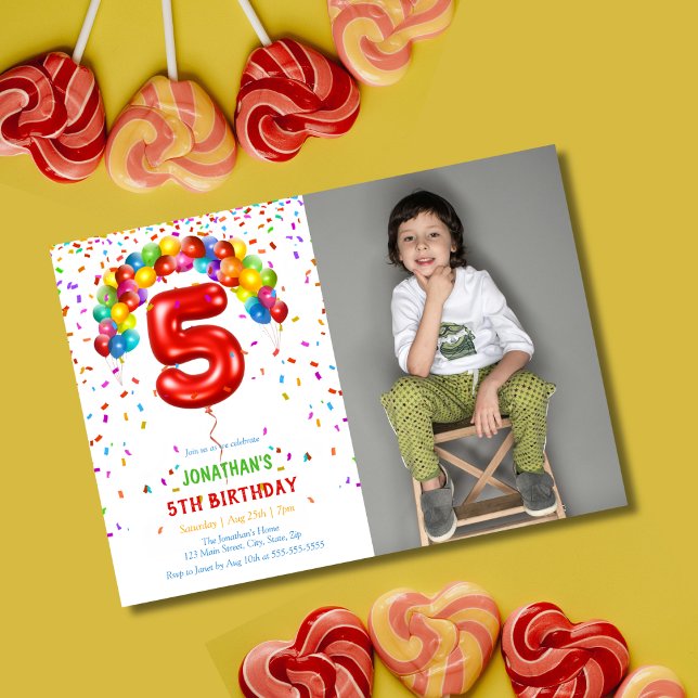 Convite Diversão Bright Confetti Balões Foto 5 Aniversário (Criador carregado)