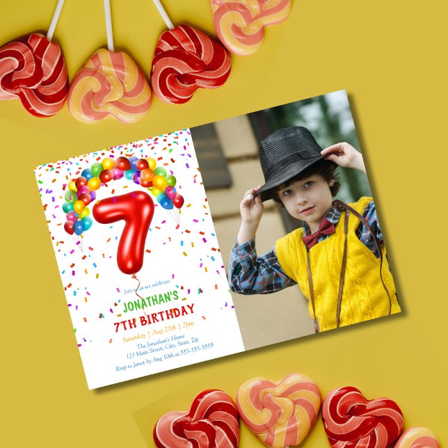 Convite Diversão Bright Confetti Balões Foto 7 Aniversário (Criador carregado)