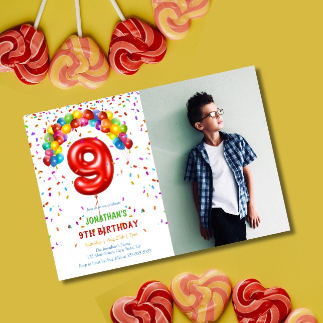 Convite Diversão Bright Confetti Balões Foto 9º Aniversári (Criador carregado)