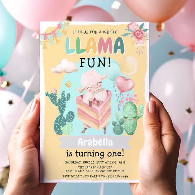 Convite Diversão com Lhama Fofa! Festa de 1º Aniversário d (Criador carregado)