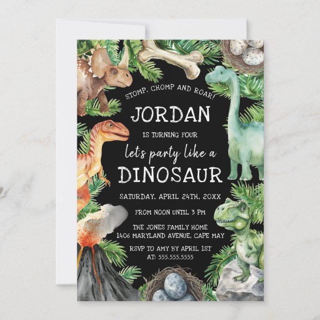 Convite Diversão Crianças Aniversário Dinossauro   (Frente)