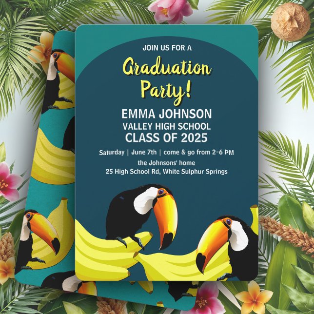 Convite Diversão da Festa de formatura de tucanos de Banan (Tropical teal graduation party invitations with exotic Toucan birds and bright yellow bananas)