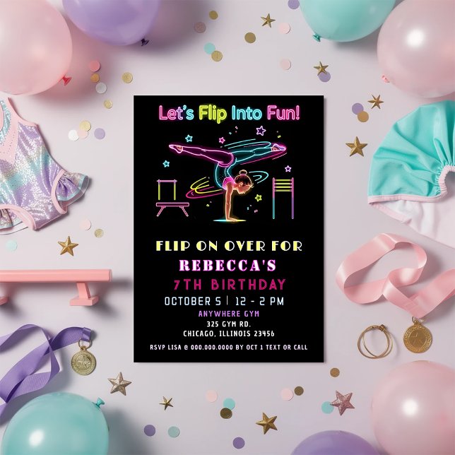 Convite Diversão de Aniversário de Ginástica Neon Glow Vir (Flip On Over Fun Neon Glow Gymnastic Birthday Invitation)
