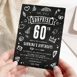 Convite Diversão de Arroz do Quadro de discussão Surpresa<br><div class="desc">Uau, seus amigos e família com este único e divertido rabisco 'Shhh... é uma surpresa' 60º Convite de aniversário. O fundo da lousa lousa e ilustrações bonitas desenhadas à mão fazem dele um ajustado perfeito para qualquer surpresa de aniversário. Personalize facilmente os detalhes do seu evento para uma celebração memorável!...</div>