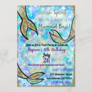 Convite Diversão de sereia Splish Splash na festa de anive