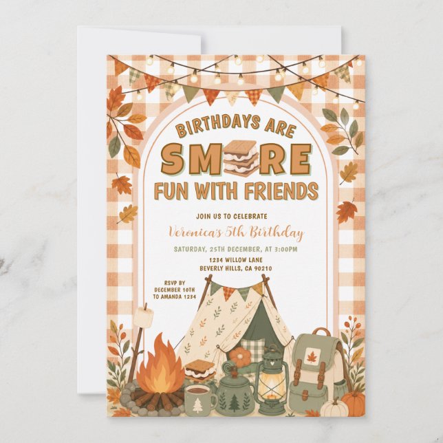 Convite Diversão de S'more Laranja Com Amigos Acampamento  (Frente)