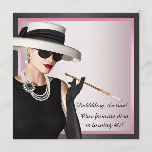 Convite Diversão Diva Mulher Rosa e Preto 40º Aniversário