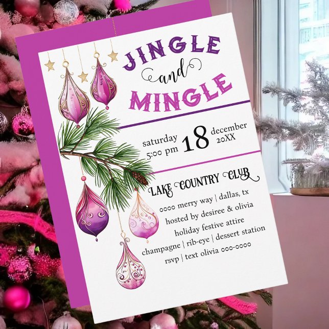 Convite Diversão e Festivo Jingle e Mingle Pink Party (Bright pink and festive Jingle and Mingle party invitation)