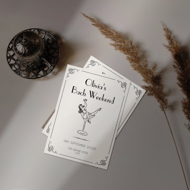 Convite Diversão e Whimsy retrais | Bachelorette única (Modern retro bachelorette weekend invitation on plain background next to dried pampas)