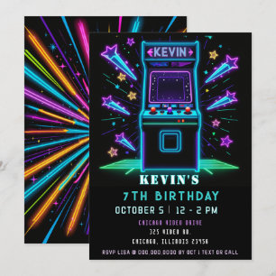Convite Diversão em Neon no Arcade de Aniversário