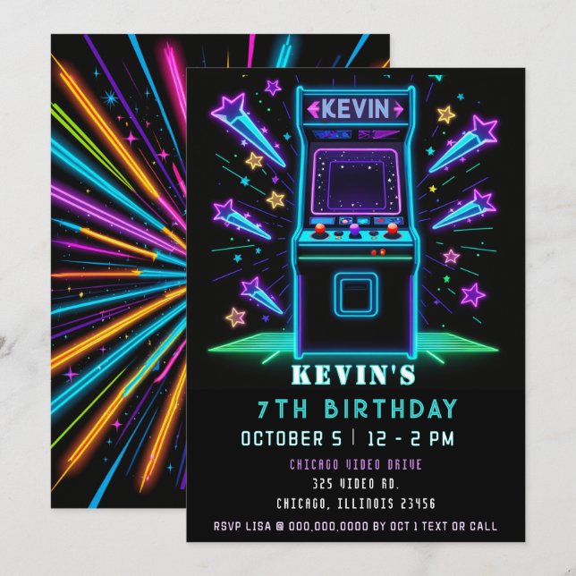 Convite Diversão em Neon no Arcade de Aniversário (Frente/Verso)