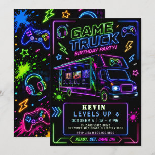 Convite Diversão em Neon no Caminhão de Jogos Aniversário