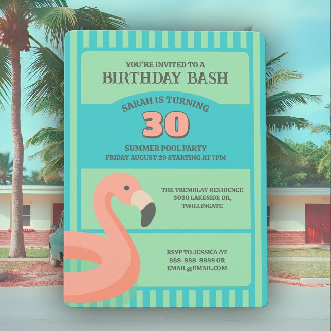 Convite Diversão Flamingo Piscina Flutuante Tropical de Ve (Flamingo pool float Summer birthday invitation in retro Palm Springs colors for a tropical party.)