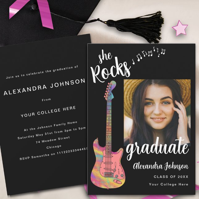 Convite Diversão Foto de Graduado Preto Branco Rótulo Fest (Fun Pink guitar graduate photo Black and white stylish script Graduation party invitation music )