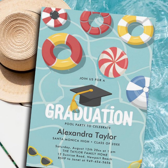 Convite Diversão Legal da faculdade de Segundo grau de Pis (graduation pool party invitation gender neutral high school college university 5th 8th grade modern)