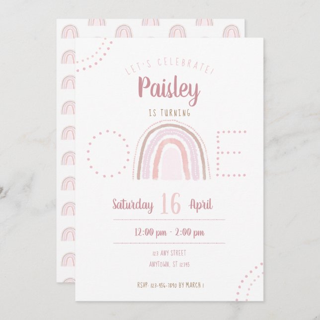 Convite Diversão Moderna Boho Rosa Arco-Íris Primeiro Aniv (Frente/Verso)