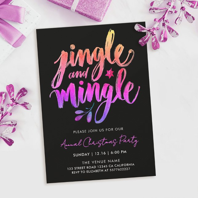 Convite Diversão Moderna Preta e Rosa Jingle Pincel Caligr (Criador carregado)