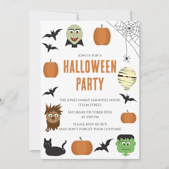 Convite Diversão Monstros Festa de Halloween para Crianças (Frente)