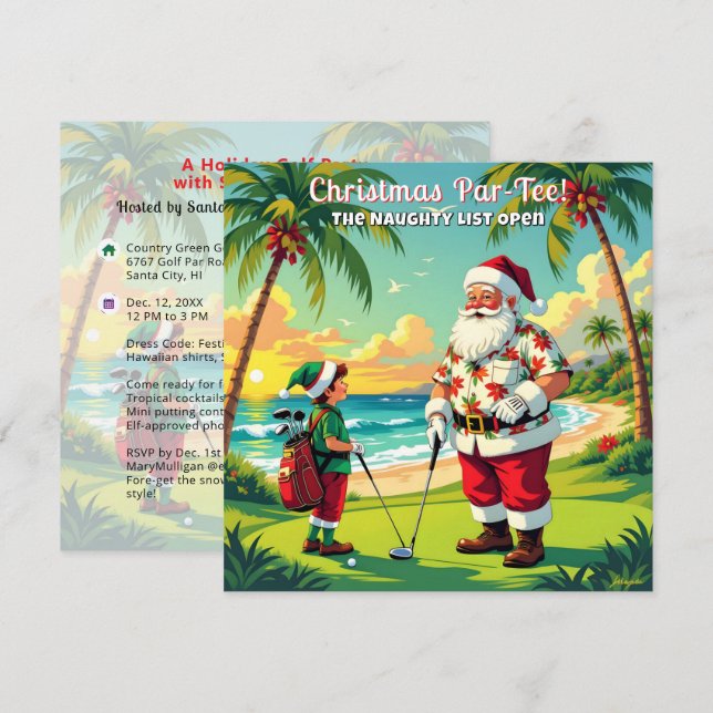 Convite Diversão na Festa de Natal Par-Tee de Golfe Tropic (Frente/Verso)