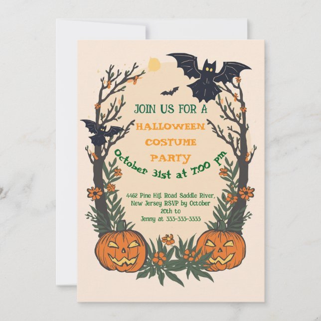 Convite Diversão no Halloween com Abóboras, Morcegos e Árv (Frente)