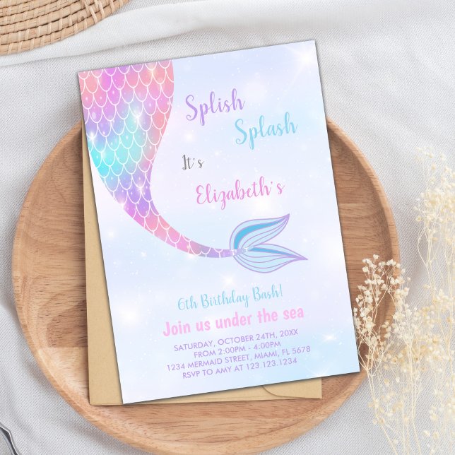 Convite Diversão sob a festa da Piscina do mar (Splash Splish Mermaid Birthday Invitations)