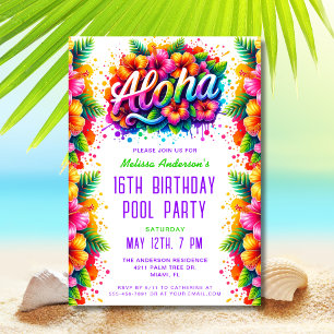 Convite Diversão Tropical Aloha Birthday Piscina Party Gre
