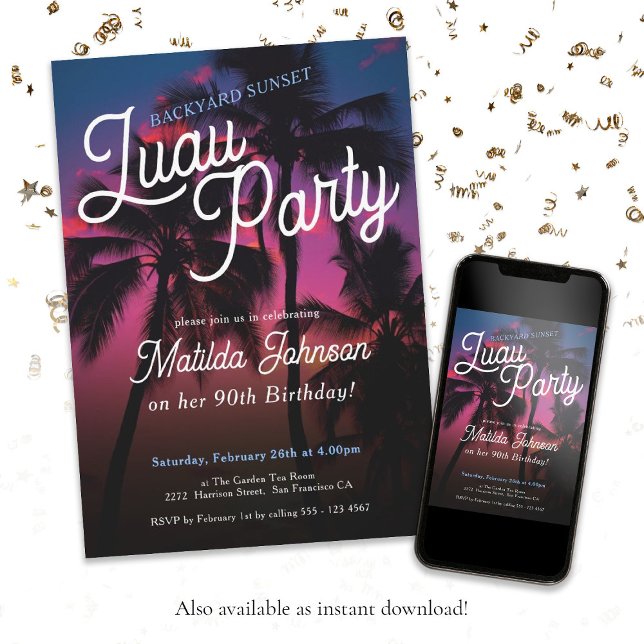 Convite Diversão Tropical Sunset Luau Party 90 Aniversário (90th Birthday Tropical Sunset Luau Party Classy Invitation)