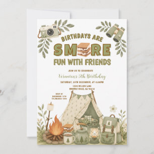 Convite Diversão Verde com S'more e Amigos no Aniversário