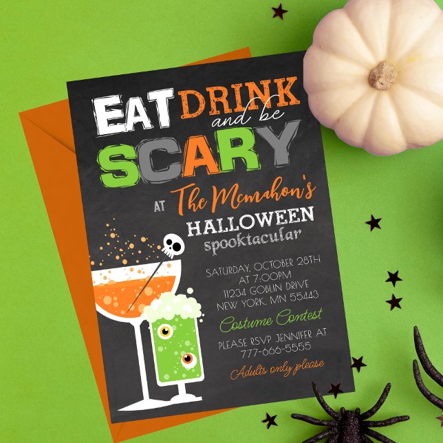Convite Divertido Coma Bebida e Seja Assustador no Dia das (Eat Drink and Be Scary Fun Adult Chalkboard Halloween Invitations. Available printed or digital)