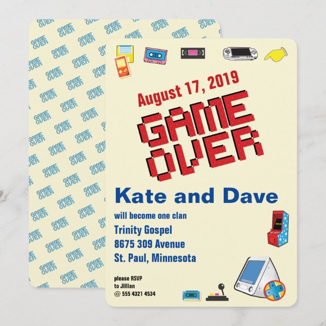Convite Divertido Jogador de Vídeo Retro 🎮 Casamento (Frente/Verso)