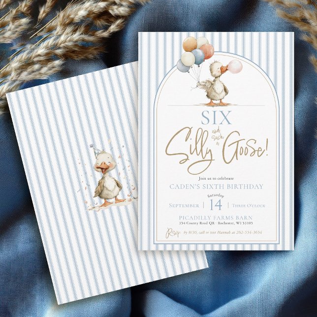 Convite Divertido SEIS Ganso Tolo Bonito Menino Arco 6º An (SIX Silly Goose blue ticking pinstripes modern arch whimsical geese boys 6th birthday invitations)