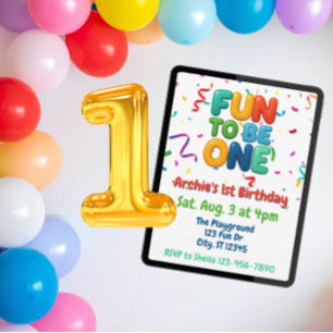 Convite Divertido ser Um, Confetes Coloridos 1º Aniversári