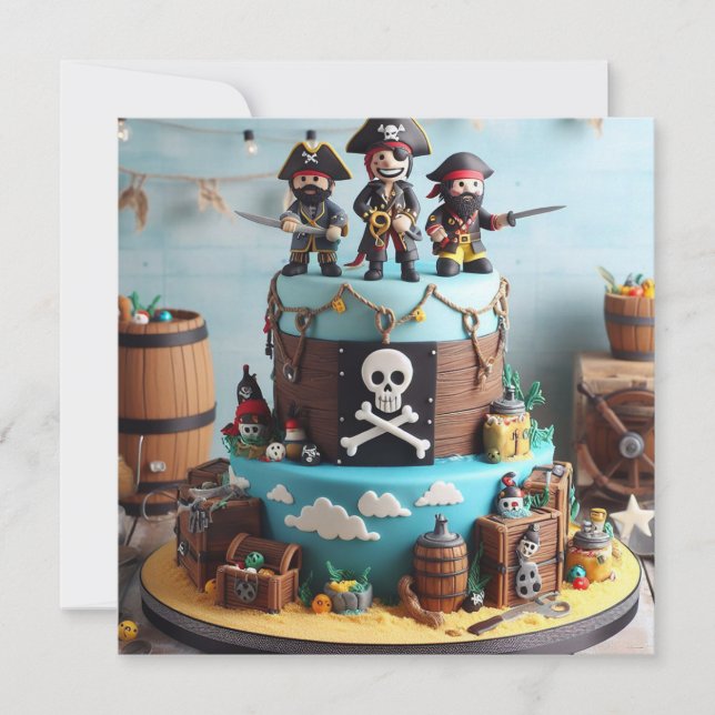 CONVITE DIVERTIDO TRÊS PIRATAS TEMIDO BOLO DE ANIVERSÁRIO (Frente)