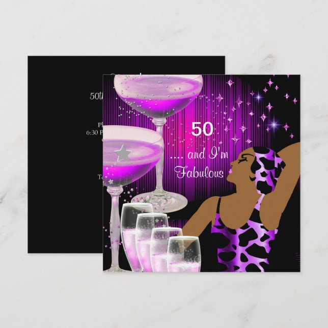 Convite Divina de 50 Aniversário Fabulosa Roxo Rosa (Frente/Verso)