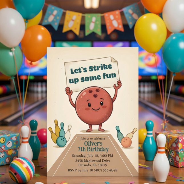 Convite Divirta-se com uma Festa de Boliche Menino de 7 An (Criador carregado)
