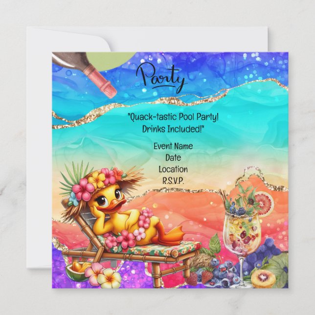 Convite "Divirta-se: Festa de Piscina de Pato com Bebidas! (Frente)