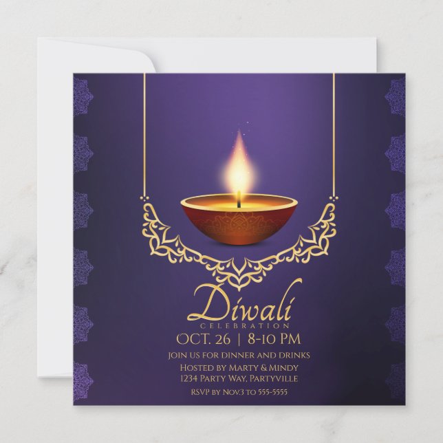Convite Diwali Deep Purple Diya Dourado Trim (Frente)