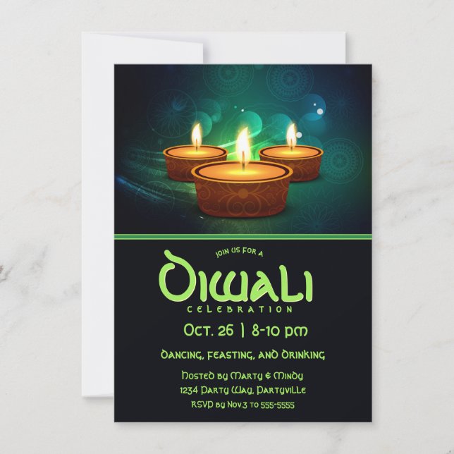Convite Diwali Diyas com Azul e Teal (Frente)