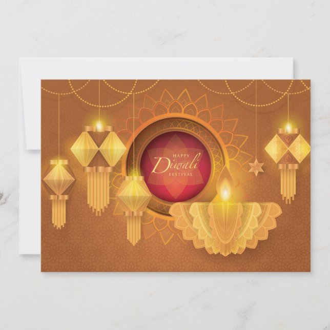Convite Diwali Papercut Deepa & Lanterns, ouro (Frente)