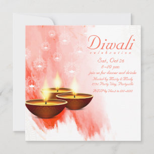Convite Diwali Red Watercolor com Diyas