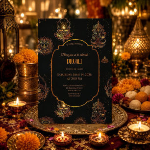 Convite Diyas Elegantes Diwali Preto e Dourado