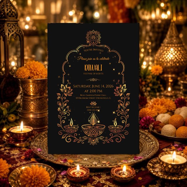 Convite Diyas Elegantes Diwali Preto e Dourado  (Criador carregado)