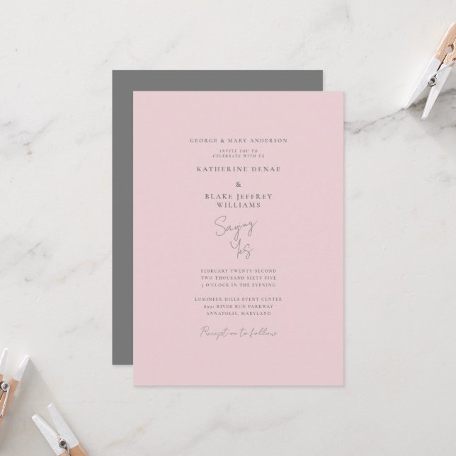Convite Dizendo Sim Rosa & Cinza Casamento Elegante (Frente/Verso In Situ)