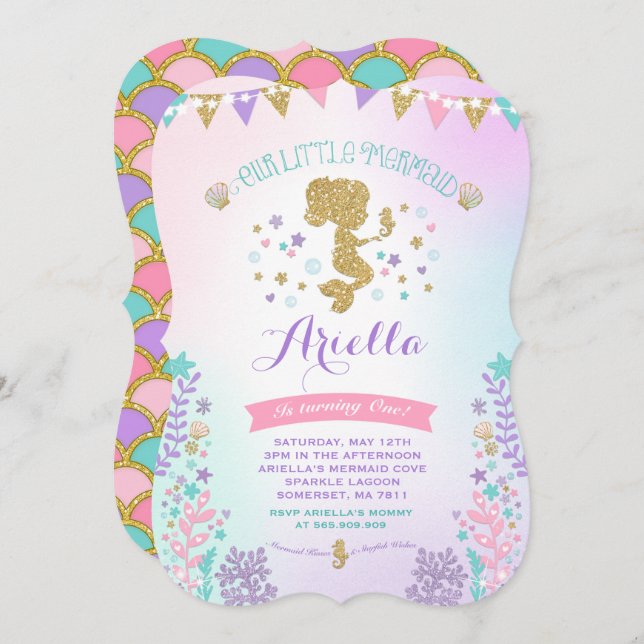 Convite do aniversário da sereia sob o partido do (Frente/Verso)
